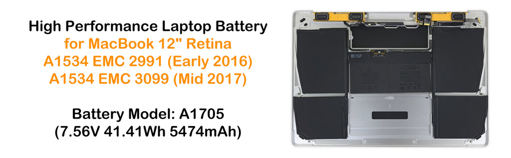 41.41Wh A1705 Battery for Early 2016 Mid 2017 Apple MacBook 12" Retina A1534 EMC 2991 3099 MLH72 MLH82 MLHA2 MMGL2 MMGM2 MNYF2 MNYM2LL/A Air Apple MacBook 12 Inch Retina A1534 Battery A1705
