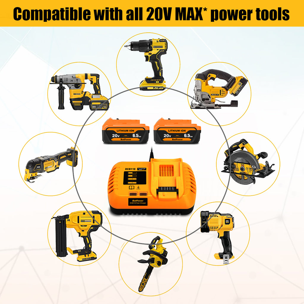 6.5Ah 20V Max Batteries with Charger Kit Replacement for Dewalt 20V Battery with Charger Combo DCB118 6Ah 5Ah 4Ah DCB206 DCB204 DCB205-2 Compatible with Dewalt 20v Battery and Charger