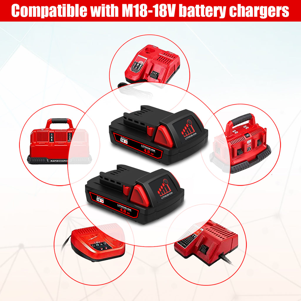 18V 4.0AH 48-11-1820 Compact Battery with Charger Kit Replacement for Milwaukee 18V M18 Battery and Charger 48-59-1812 XC 2.0 AH 1.5 Ah 3.0 Ah 18V Lithium Battery and Charger Combo