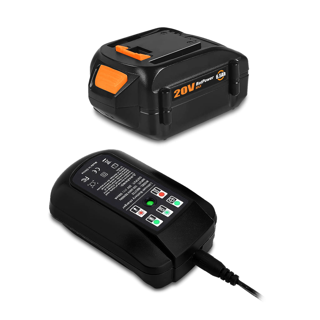 20V 6.5Ah WA3578 Extended Capacity Battery with Charger Kit Replacement for WORX 20V Battery and Charger Combo WA3742 20V 5.0Ah 4.0 Ah 3.0 Ah 2.0Ah WORX 20V Battery and Charger Combo