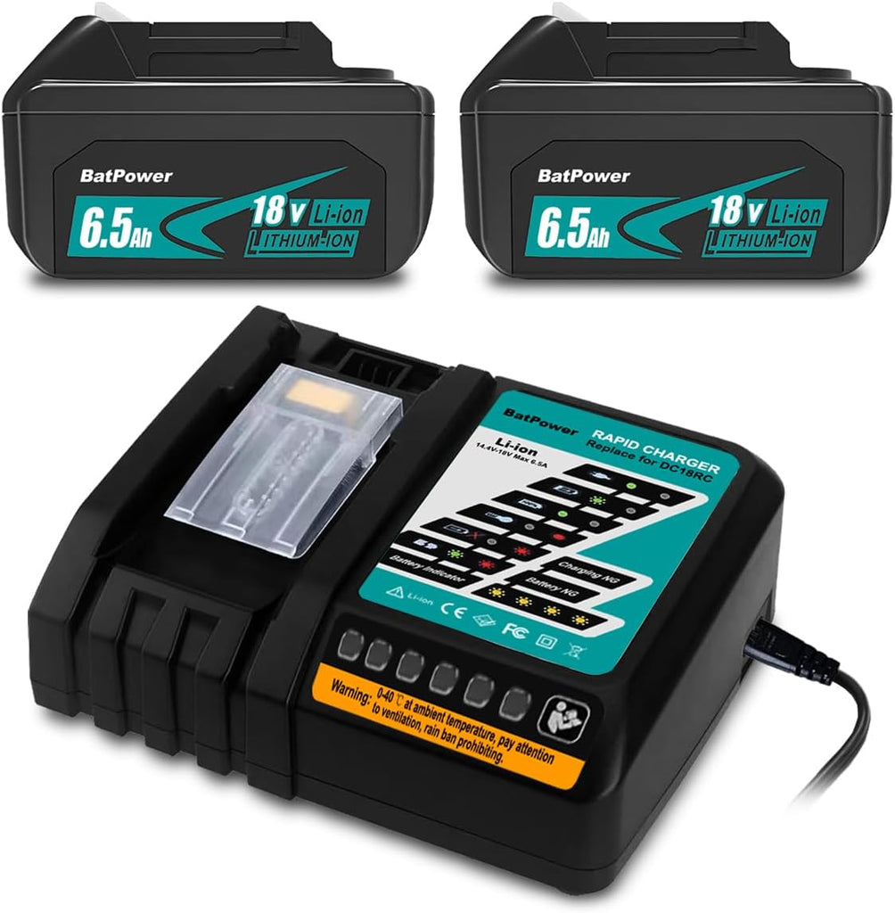 6.5Ah BL1860B 18V Lithium Battery with Charger Combo Replacement for Makita 18 Volts Battery and Charger Kit DC18RC 18V 6Ah 5Ah 4Ah 3Ah BL1850B BL1840B BL1830B Battery and Charger