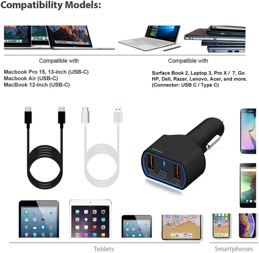 BatPower 120W PD USB-C Laptop Car Charger High Power Delivery for USB-C Laptop Car Charger DC 12v-24v Auto Charger Vehicle Charger USB-C