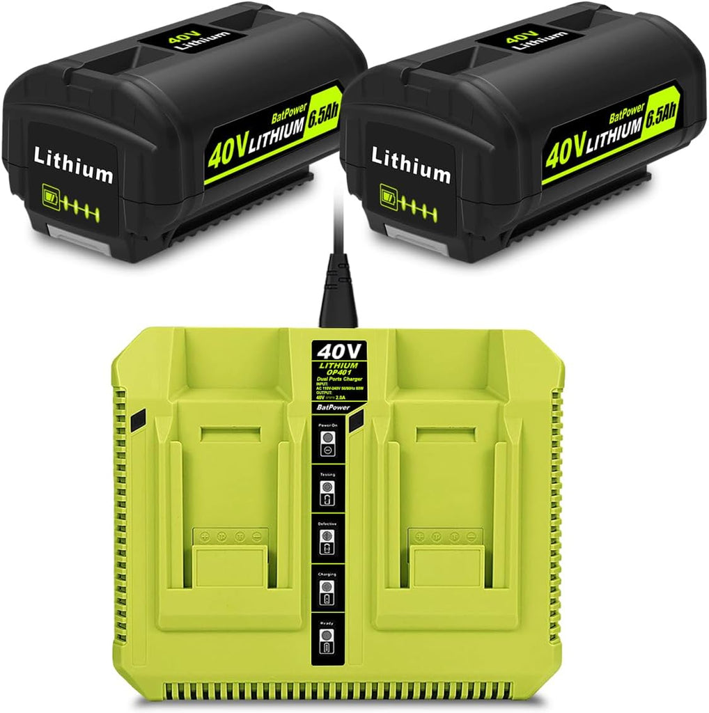 6.5AH 40V Lithium Battery and Charger Combo for Ryobi 40V Battery with Charger Kit OP401 OP40602 OP40601 OP4050 OP40404 OP40301 OP40261 6Ah 5Ah 4Ah 3Ah 2.6Ah 2Ah Ryobi 40V Battery and Dual Charger