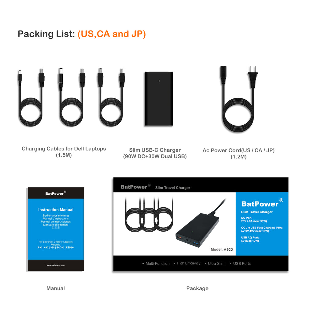 120W Laptop Charger Slim High Power Delivery for Dell Laptop Charger 90W 65W 60W 45W Power Supply Ac adapter A90D