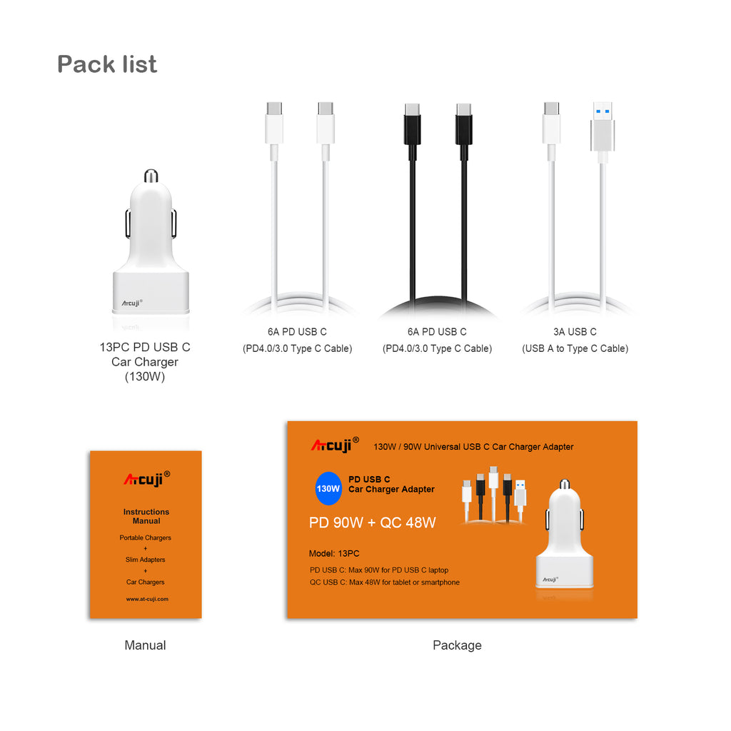AT13PC Laptop USB C Car Charger with 130W 90W Power Delivery for Apple MacBook Pro Air USB C Car Charger Microsoft Surface Pro HP Dell Razer Lenovo Asus Laptop Car Charger