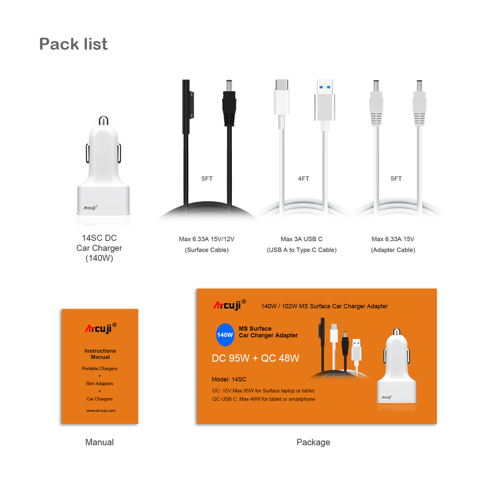 AT14SC UL Car Charger with 140W Power Delivery for Microsoft Surface Pro Laptop Book Go Car Charger with Dual USB Quick Charge Ports