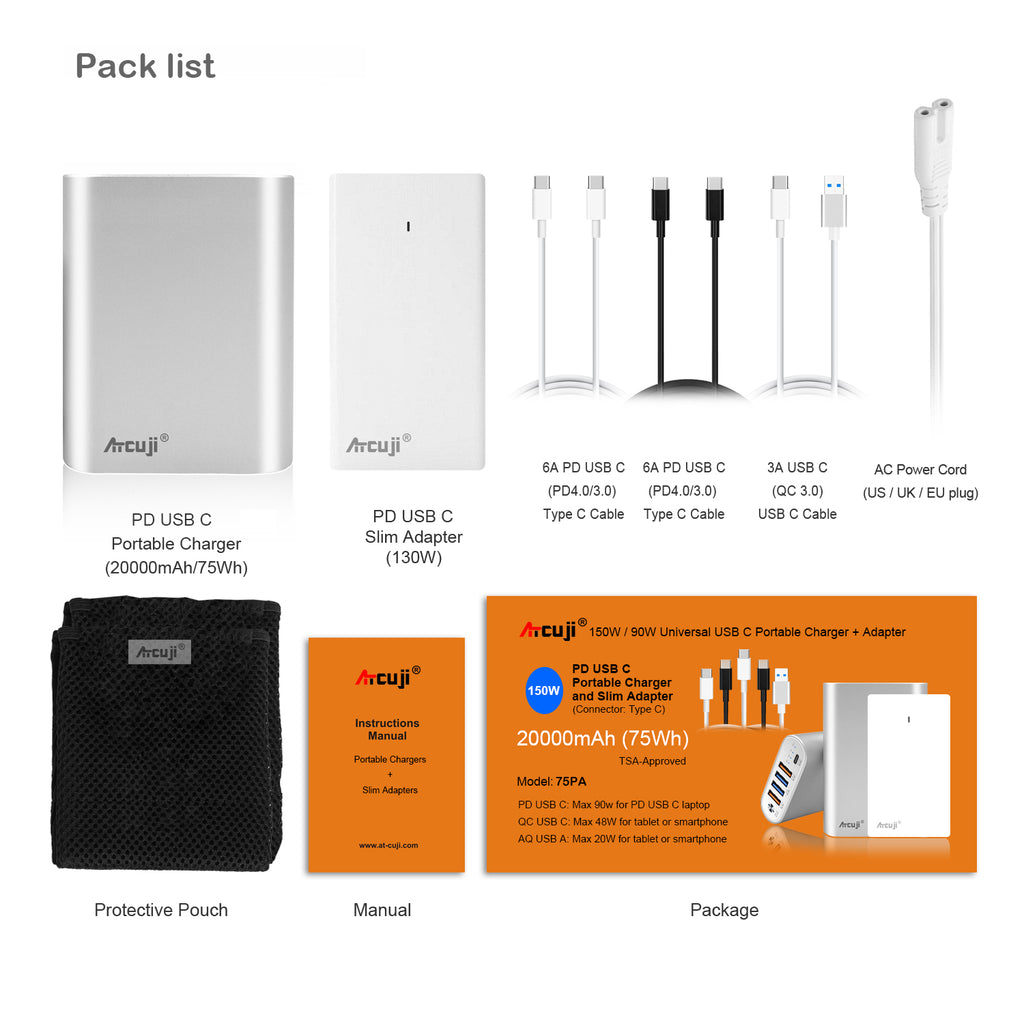 AT20PA 20000mAh USB C External Battery + adapter 120W 61W Power Delivery for Apple MacBook Pro Air USB C External Battery Microsoft Surface Pro Laptop Portable Charger HP Dell Razer Lenovo Asus laptop tablet (TSA Approved)