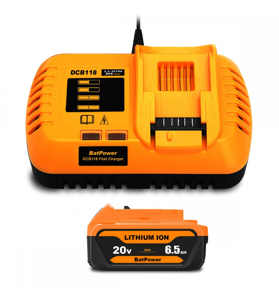 6.5Ah 20V Max Batteries with Charger Kit Replacement for Dewalt 20V Battery with Charger Combo DCB118 6Ah 5Ah 4Ah DCB206 DCB204 DCB205-2 Compatible with Dewalt 20v Battery and Charger