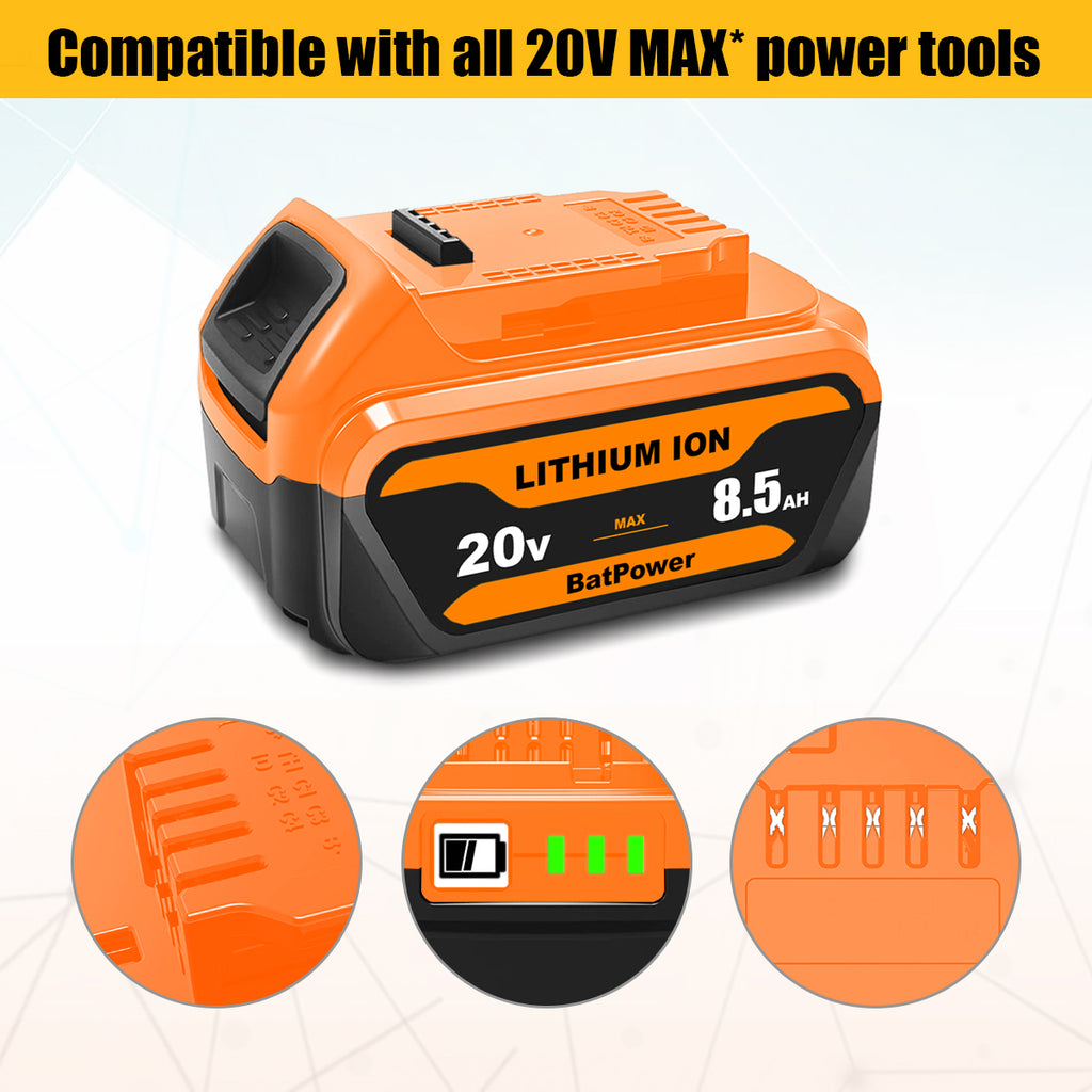 8.5Ah DCB208 20V Lithium Battery Replacement for Dewalt 20V Max XR Battery 8.0 Ah DCB208 7Ah DCB207 6Ah DCB206 5Ah DCB204 4Ah Compatible with Dewalt 20v Battery 8.0Ah 7.0Ah 6.0Ah 5.0Ah 4.0Ah