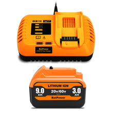 Load image into Gallery viewer, 9.0Ah 20v/60v Max Battery and Charger Combo for Dewalt 60v Battery with Charger Kit 9Ah DCB118X1 DCB606 6Ah DCB609 9Ah 20v 60v Battery and Charger
