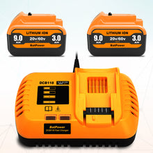 Load image into Gallery viewer, 9.0Ah 20v/60v Max Battery and Charger Combo Replacement for Dewalt 60v Lithium Battery with Charger Kit 9Ah DCB118X1 DCB606 6Ah DCB609 9Ah Compatible with Dewalt 20v 60v Battery and Charger