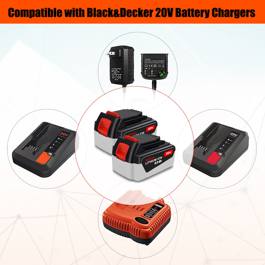 LB2X4020 20V 6.5Ah Extended Capacity Battery Replacement for Black & Decker 20V Battery 4.0Ah 3.0Ah 2.0Ah LBX4020 LB2X4020 LB2X4020-OPE LBXR2020 LBXR20 Lithium ion Battery