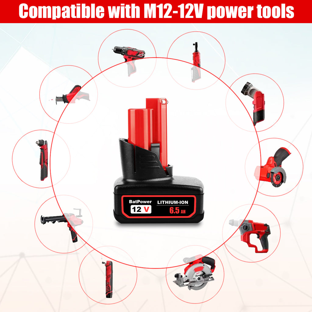 6.5AH 48-11-2460 12V Battery with Charger Combo Replacement for Milwaukee 12V M12 Battery XC 6.0 AH 4.0 AH 48-11-2440 12V Lithium Battery Charger Kit