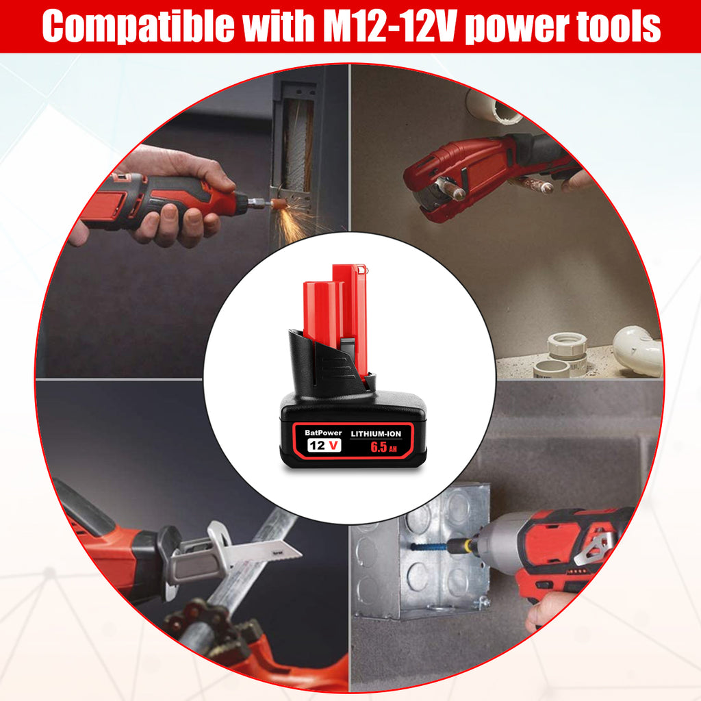48-11-2460 6.5AH 12V Lithium XC6.0 Extended Capacity Battery Replacement for Milwaukee 12V M12 Battery 6.0 AH 4.0 AH 3.0 AH 2.0Ah 48-11-2440