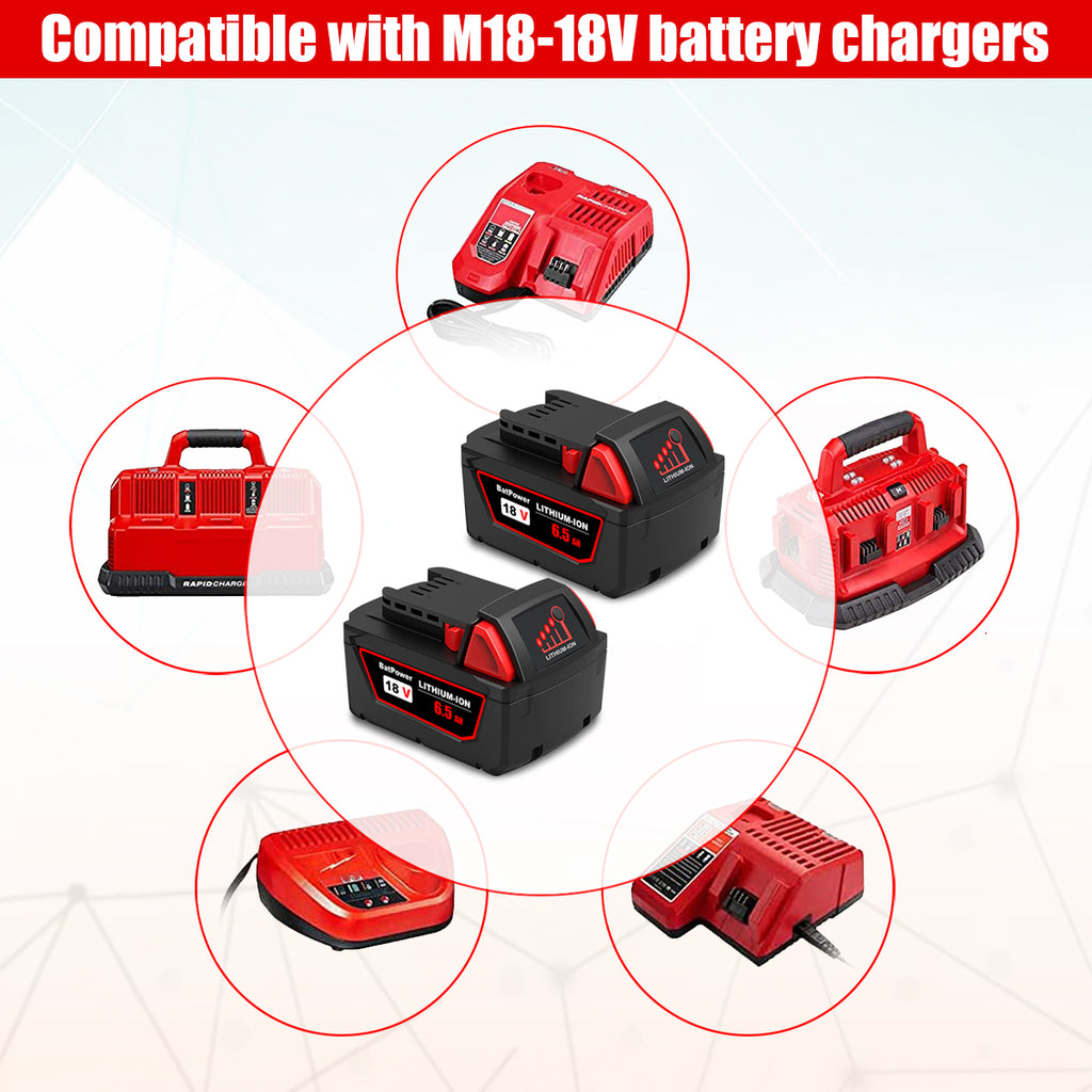 48-11-1865 18V 6.5AH Lithium XC6.0 Extended Capacity Battery Replacement for Milwaukee 18V Battery M18 6.0Ah 5.0Ah 4.0Ah 3.0Ah 48-11-1860 48-11-1850