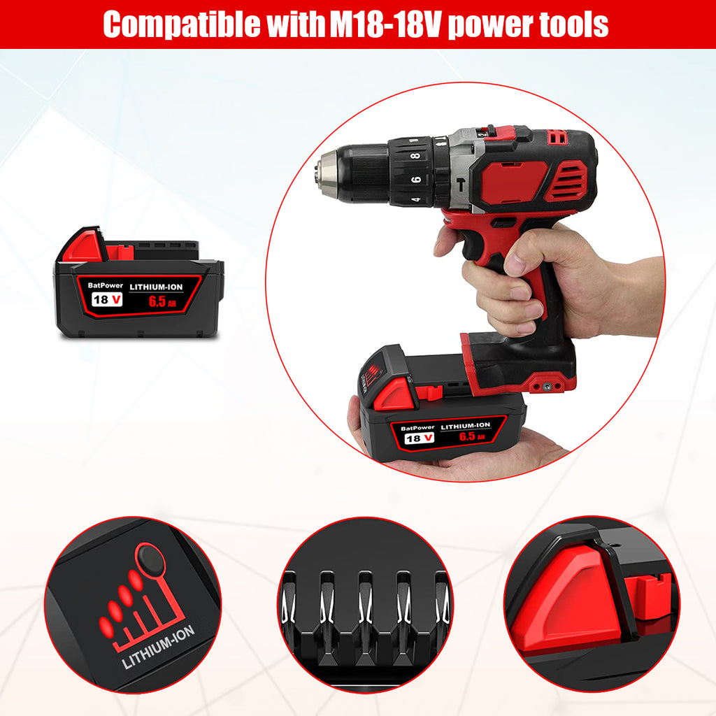 18V 6.5AH 48-11-1862 Extended Capacity Battery and Charger Combo for Milwaukee 18V M18 Battery with Charger Kit XC 6.0 AH 18V Battery and Charger