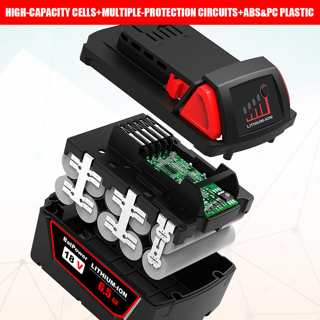 48-11-1865 18V 6.5AH Lithium XC6.0 Extended Capacity Battery Replacement for Milwaukee 18V Battery M18 6.0Ah 5.0Ah 4.0Ah 3.0Ah 48-11-1860 48-11-1850
