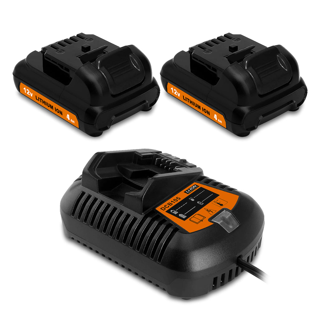 4.0Ah DCB124 12V Battery and Charger Kit Replacement for Dewalt 12V Lithium Battery and Charger Combo 3Ah DCB124-2 2.0Ah DCB122-2 1.5Ah DCB120-2 12 Volt Compact Battery and Charger DCB105