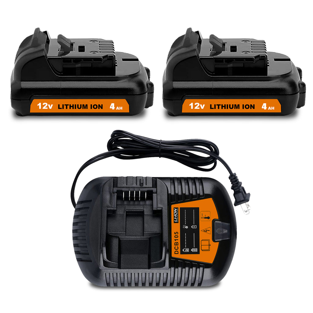 4.0Ah DCB124 12V Battery and Charger Kit Replacement for Dewalt 12V Lithium Battery and Charger Combo 3Ah DCB124-2 2.0Ah DCB122-2 1.5Ah DCB120-2 12 Volt Compact Battery and Charger DCB105