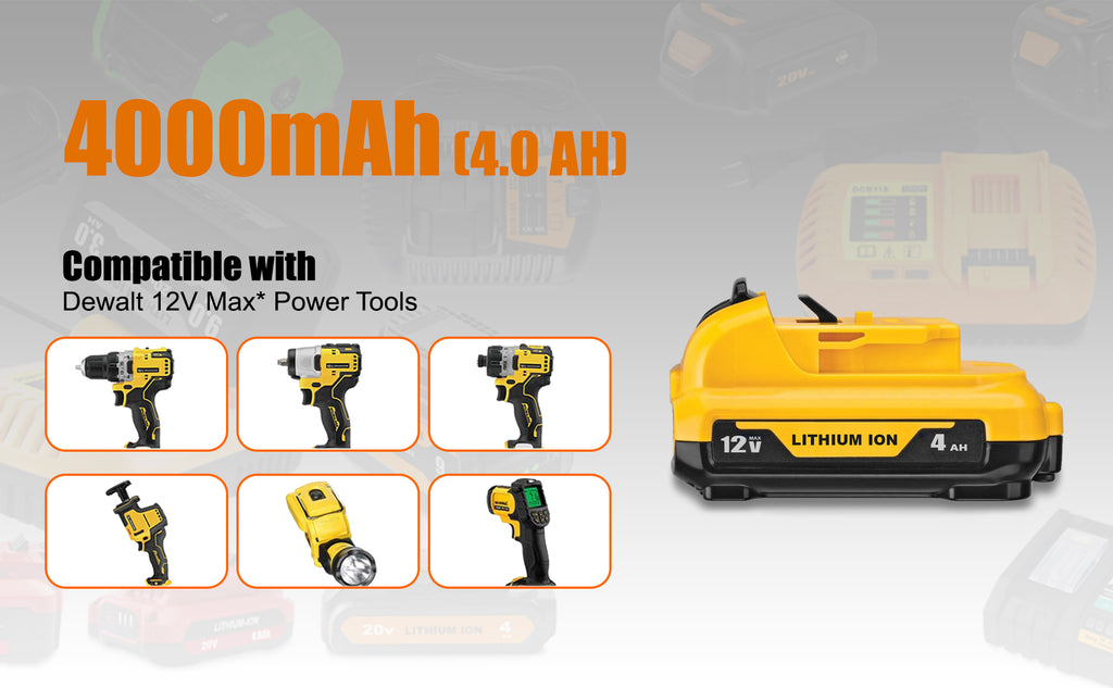 12V Max 4.0Ah Lithium-ion Battery – Compatible with DEWALT 12V Tools