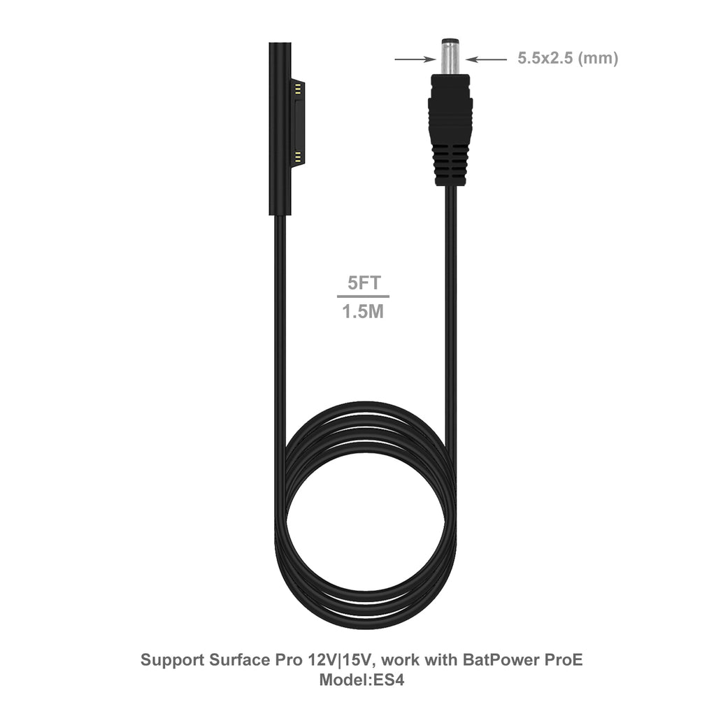 15V 8A 4A Charging Cable for Surface Laptop Book Surface Pro work with BatPower ProE 2 External Battery Slim Adapter Car Charger and more (Connector 5.5x2.5mm to Surface 15V 12V Charge Cable)