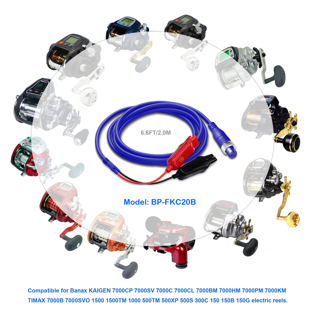 6.6FT-18FT-Electric Fishing Reel Battery Power Cord for Banax Kaigen 7000 1500 1000 500 300 150 Electric Reels Cable 2M-5.5M