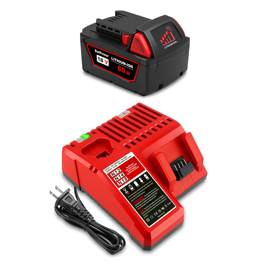 18V 6.5AH 48-11-1862 Extended Capacity Battery with Charger Combo Replacement for Milwaukee 18V M18 Battery and Charger Kit 48-59-1812 XC 6.0 AH 48-11-1865 18V Battery and Charger