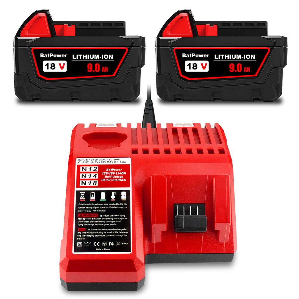 18V 9.0AH 48-11-1880 High Output Battery with Charger Combo Replacement for Milwaukee 18V M18 Battery and Charger XC 8.0 AH 9AH 48-11-1890 18V Lithium Battery and Charger Kit 48-59-1812