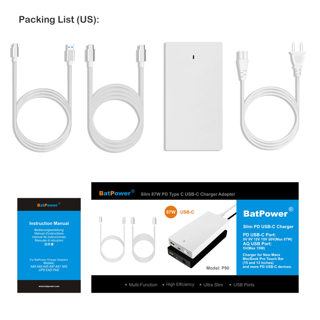 90W 65W USB-C Laptop Charger for Apple MacBook Pro Air HP Spectre X360 Envy Surface book 2 Lenovo Yoga Thinkpad Dell XPS Razer Blade Stealth Asus LG Acer 90W USB C Laptop Power Supply Ac adapter