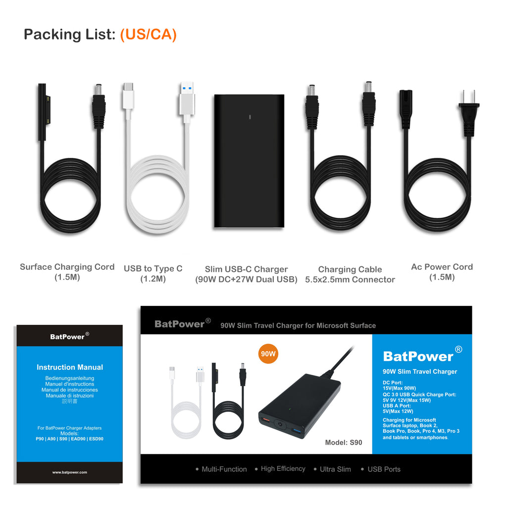 S90 90W Slim Surface Charger for Microsft Surface Pro Laptop Book Go Power Supply Ac adapter with dual QC USB Ports Fast Charge for Tablet Smartphone.