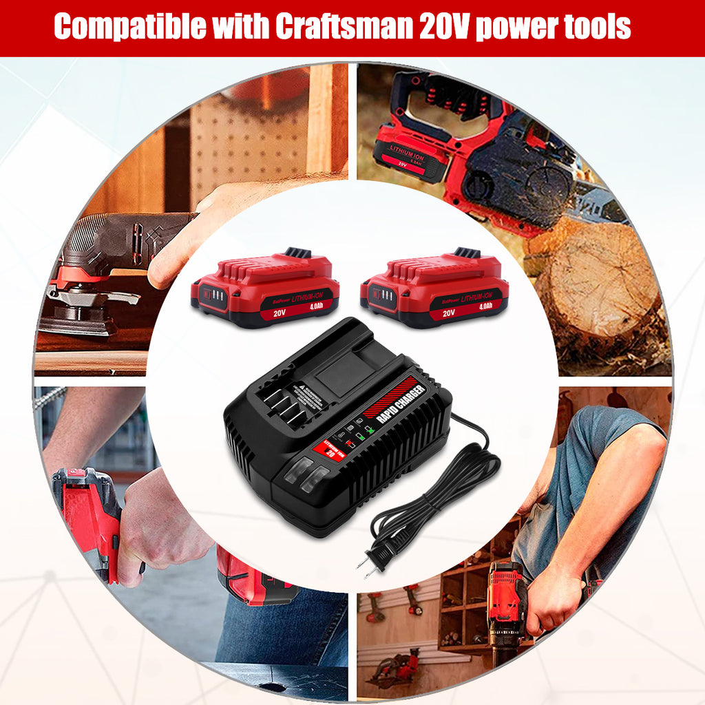 4.0Ah CMCB202 20V V20 Compact Batteries with Charger Combo Replacement for CRAFTSMAN 20V V20 Battery and Charger Kit CMCB104 20V 1.5Ah CMCB201-2 V20 20V 2.0Ah V20 Battery with Charger