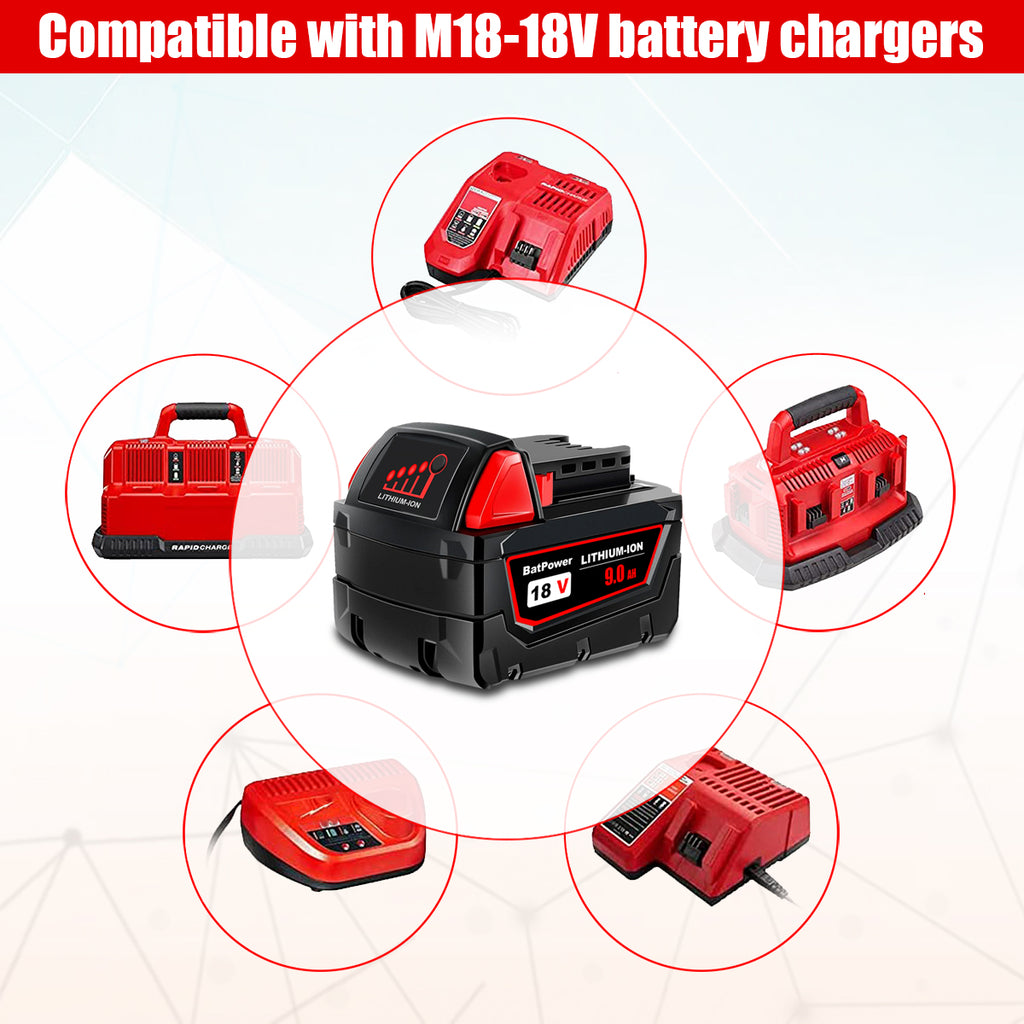 48-11-1880 18V 9.0AH High Capacity Battery Replacement for Milwaukee 18V Lithium XC Battery M18 8.0Ah 144Wh 6.0Ah 108Wh 5.0Ah 90Wh