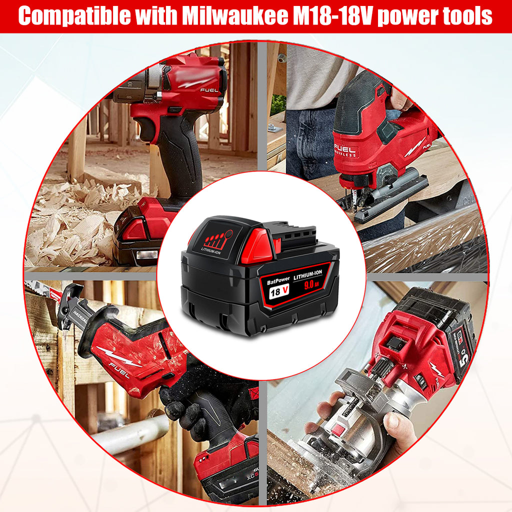 48-11-1880 18V 9.0AH High Capacity Battery Replacement for Milwaukee 18V Lithium XC Battery M18 8.0Ah 144Wh 6.0Ah 108Wh 5.0Ah 90Wh