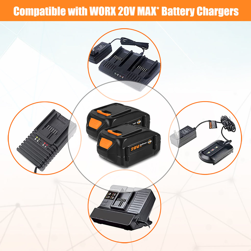 WA3578 20V 6.5Ah Extended Capacity Lithium ion Battery for WORX 20V Battery 6.0Ah 5.0Ah 4.0Ah 3.0Ah 2.0Ah WG630 WG322 WG543 WG163 WA3578 20V Battery