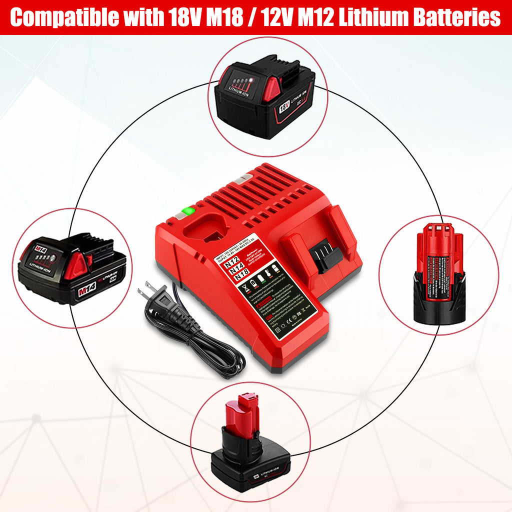 18V 6.5AH 48-11-1862 Extended Capacity Battery with Charger Combo Replacement for Milwaukee 18V M18 Battery and Charger Kit 48-59-1812 XC 6.0 AH 48-11-1865 18V Battery and Charger