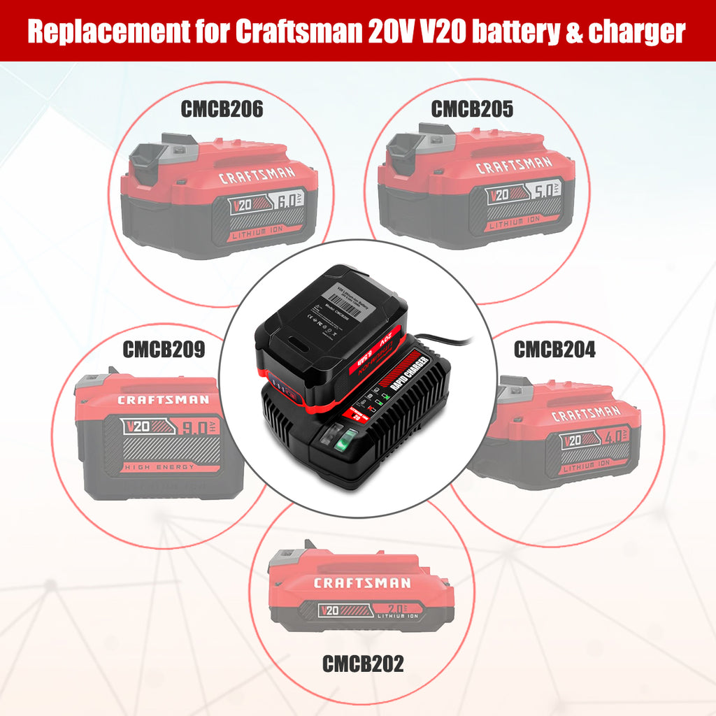 6.5Ah CMCB204 20V V20 Battery with Charger Combo Replacement for CRAFTSMAN 20V Battery and Charger Kit CBCB104 20V 6.0Ah CMCB206 4.0Ah CMCB204 20V V20 Lithium Battery and Charger Kit