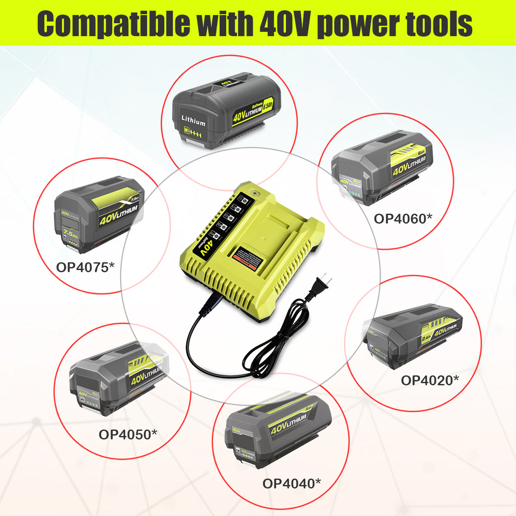 6.5AH 40V Lithium Battery and Charger Combo for Ryobi 40V Battery with Charger Kit OP401 OP40602 OP40601 6Ah 5Ah 4Ah 3Ah Ryobi 40V Battery and Charger