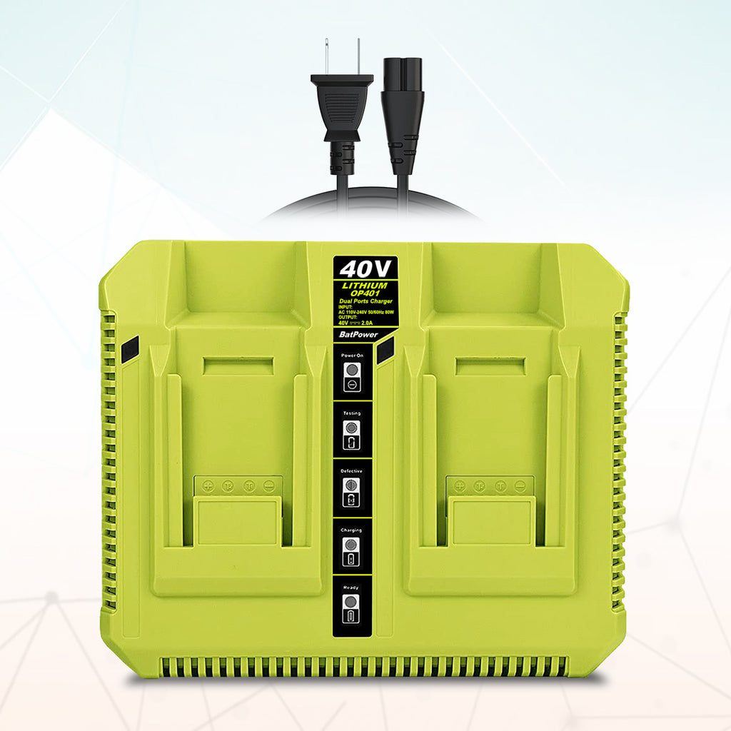 OP401 40V Dual Battery Rapid Charger for Ryobi 40V Rapid Charger OP401, Compatible with Ryobi 40V 6Ah 5Ah 4Ah 3Ah 2.5Ah 2Ah Lithium Dual Battery Fast Charger