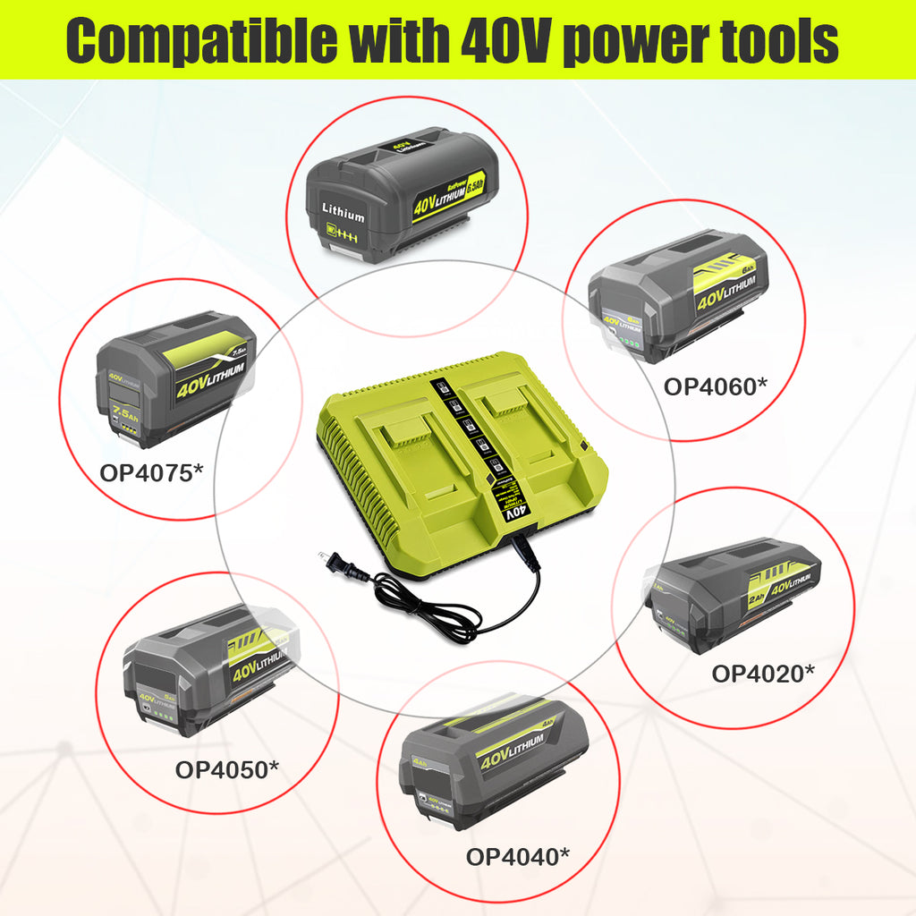 OP401 40V Dual Battery Rapid Charger for Ryobi 40V Rapid Charger OP401, Compatible with Ryobi 40V 6Ah 5Ah 4Ah 3Ah 2.5Ah 2Ah Lithium Dual Battery Fast Charger