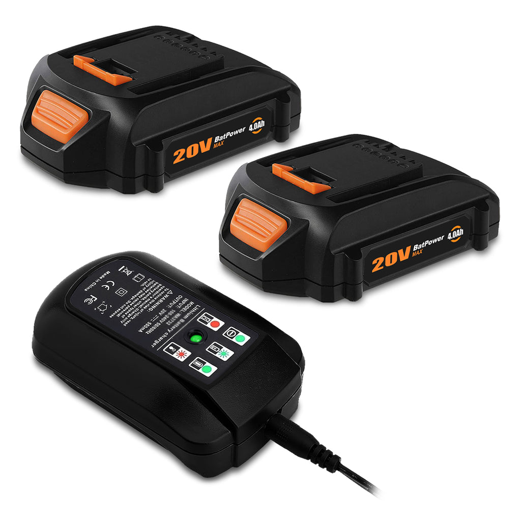 20V 4.0Ah WA3575 Compact Batteries with Charger Combo Replacement for WORX 20V Battery and Charger Kit WA3742 WA3520 WA3525 WA3575 20V 2.0 Ah 2Ah Worx 20V Battery with Charger