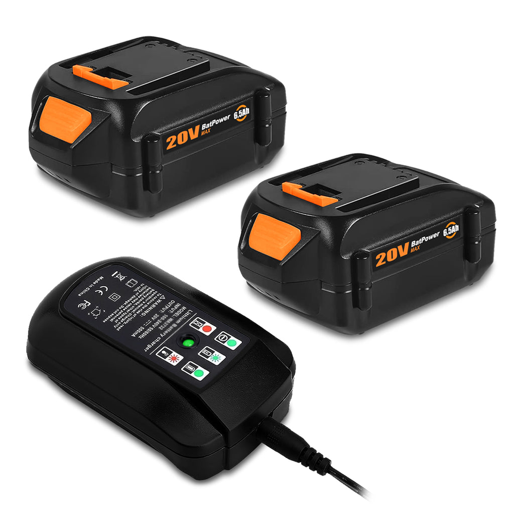 20V 6.5Ah WA3578 Extended Capacity Battery with Charger Kit Replacement for WORX 20V Battery and Charger Combo WA3742 20V 5.0Ah 4.0 Ah 3.0 Ah 2.0Ah WORX 20V Battery and Charger Combo